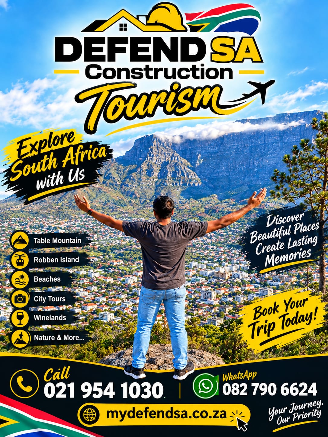 Tourism promotional flyer for Defend SA Construction offering guided tours of Table Mountain, Robben Island, beaches, and winelands
