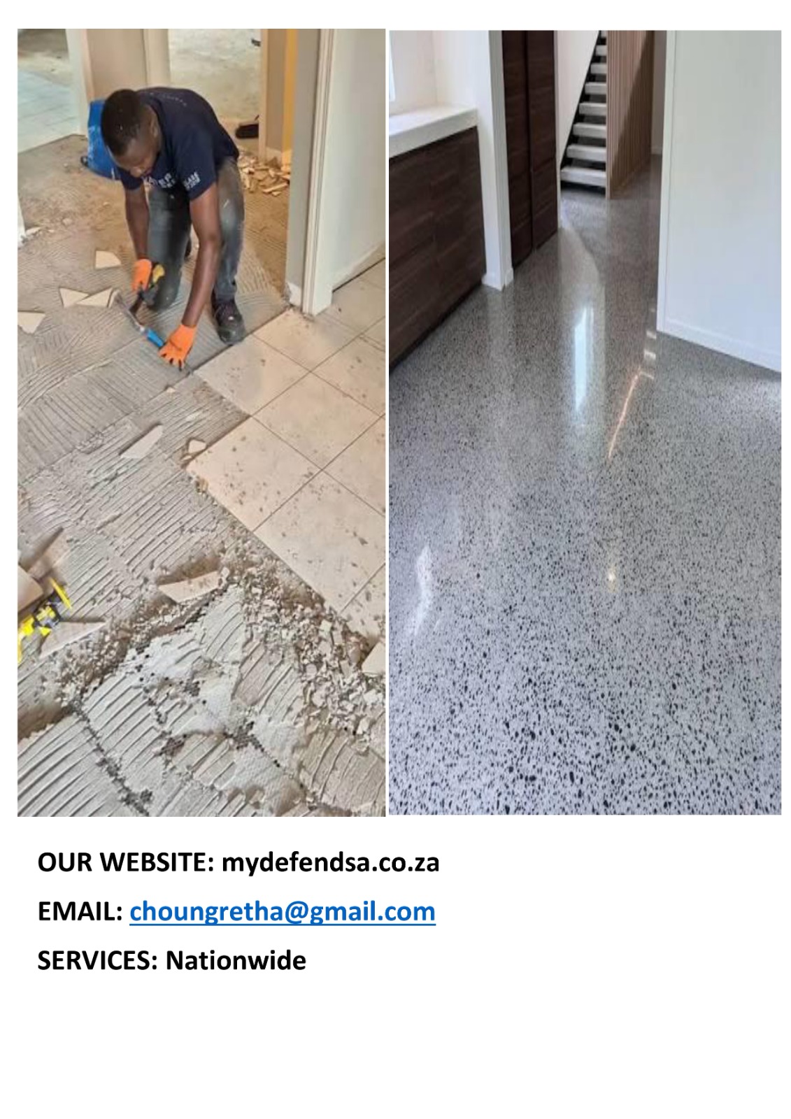 Flooring contractor demonstrating before and after images of concrete floor installation and polishing work in a residential interior space