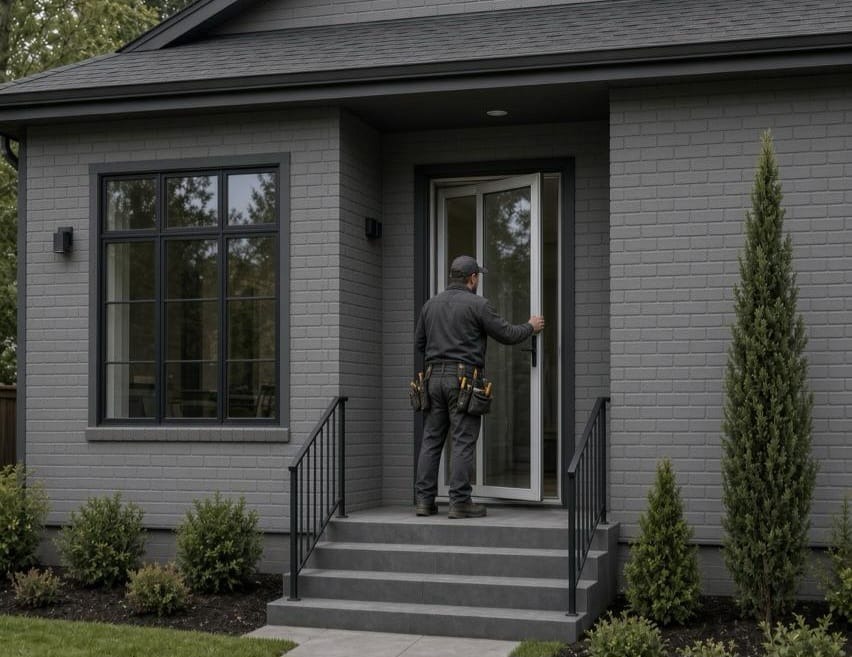 Contractor at the front door of a modern gray brick home