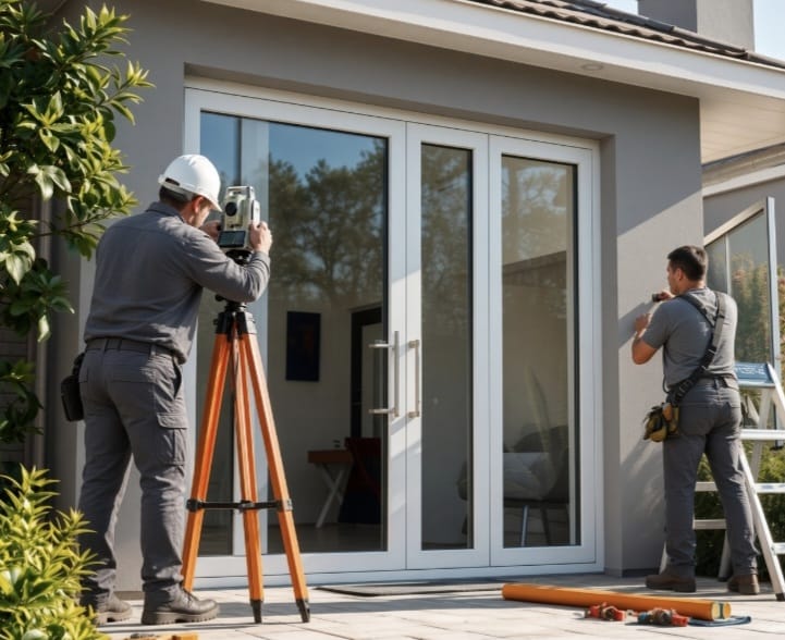 Two workers surveying a modern residential building with large glass doors, using surveying equipment