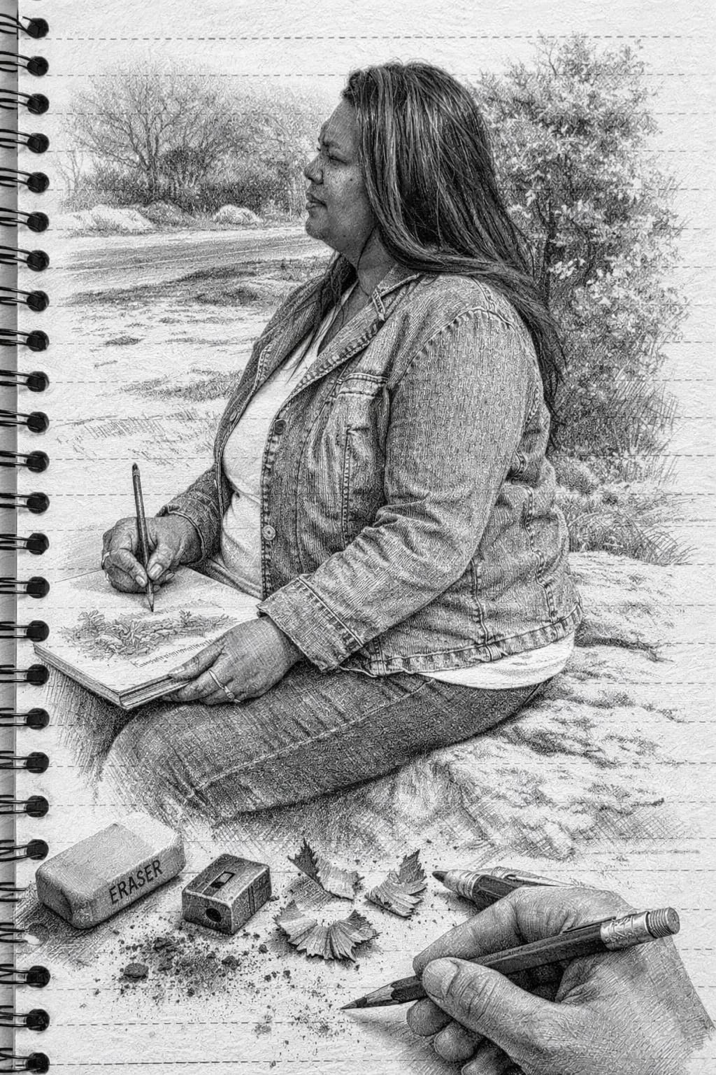 Artistic sketch of a woman drawing outdoors by a lake, representing the creative spirit of the Begin Again retreat experience