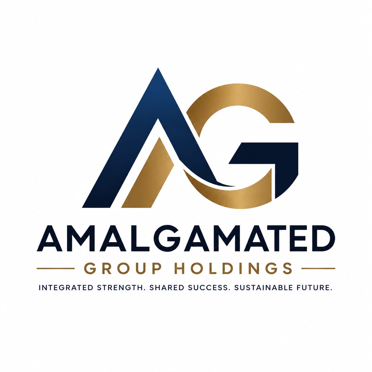 Amalgamated Group Holdings logo with dark blue triangle and gold curved elements