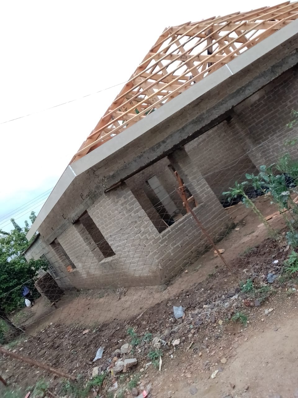 Brick building under construction with exposed wooden roof trusses