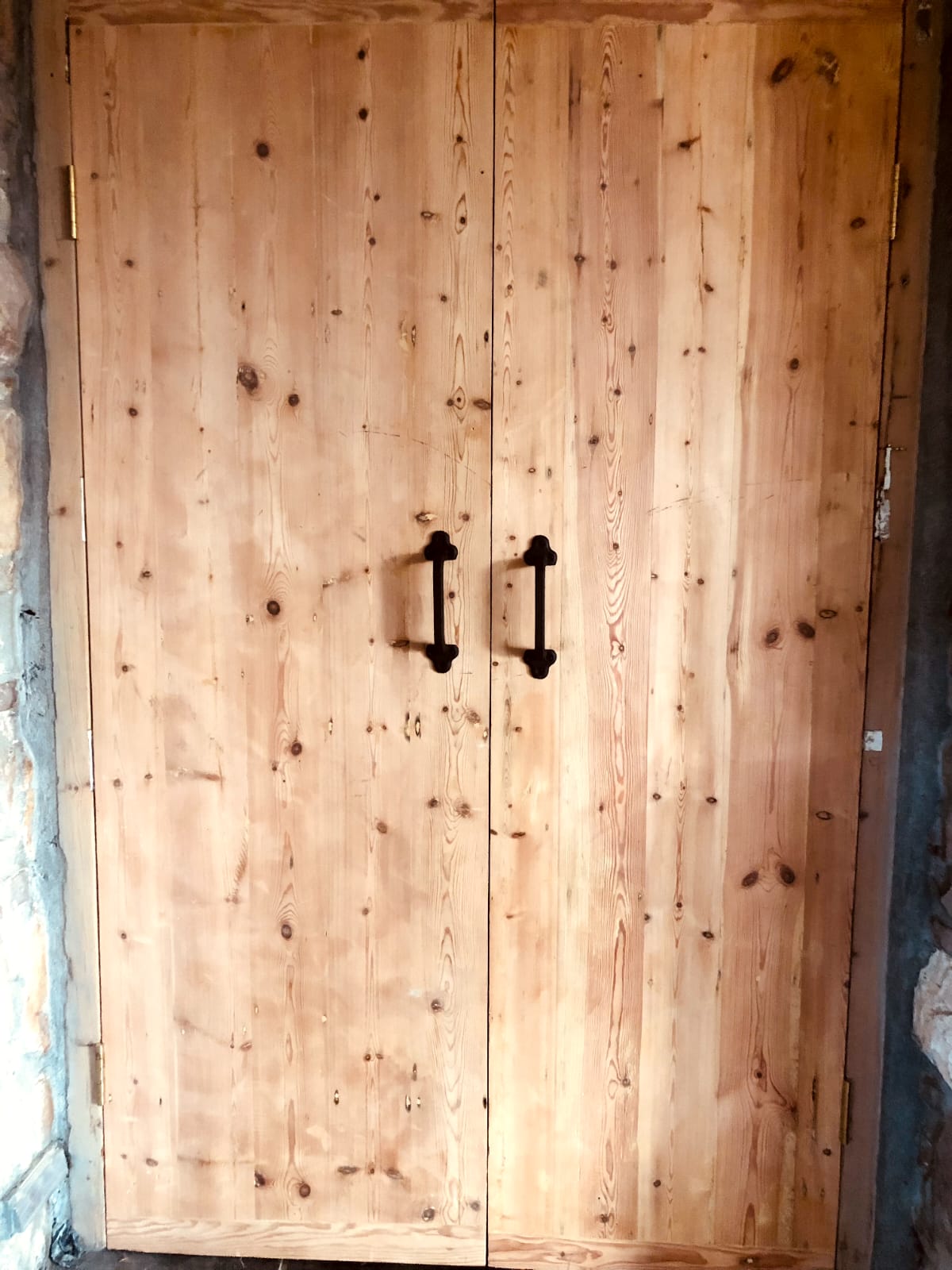 Custom pine wood double doors with black handles