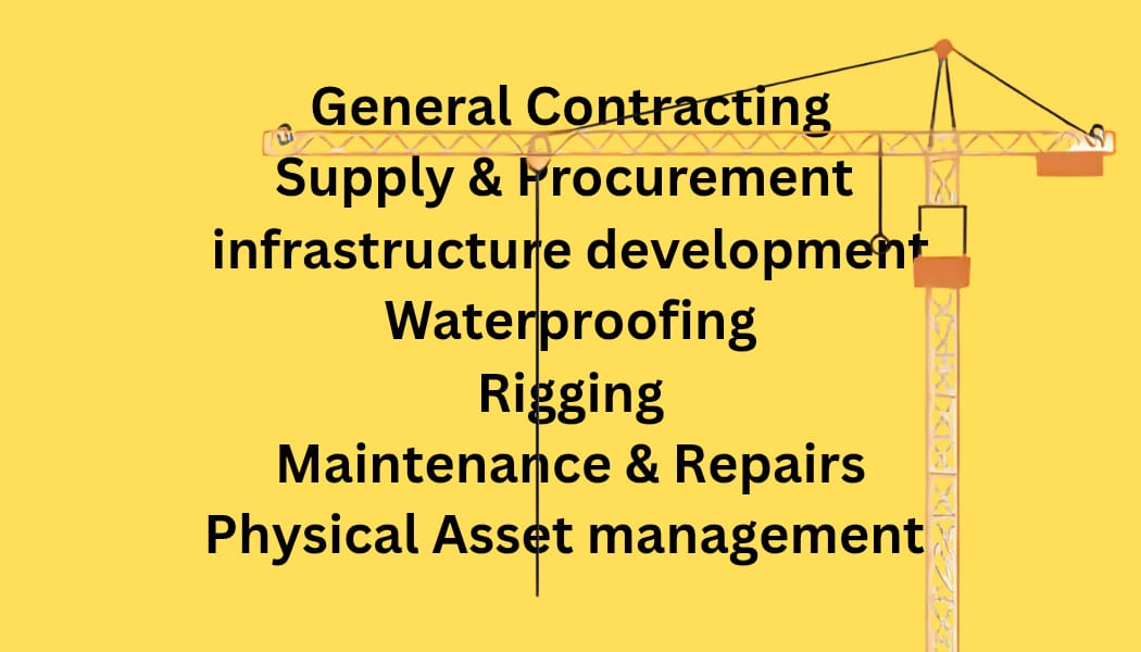 Promotional graphic showing construction services with crane illustration