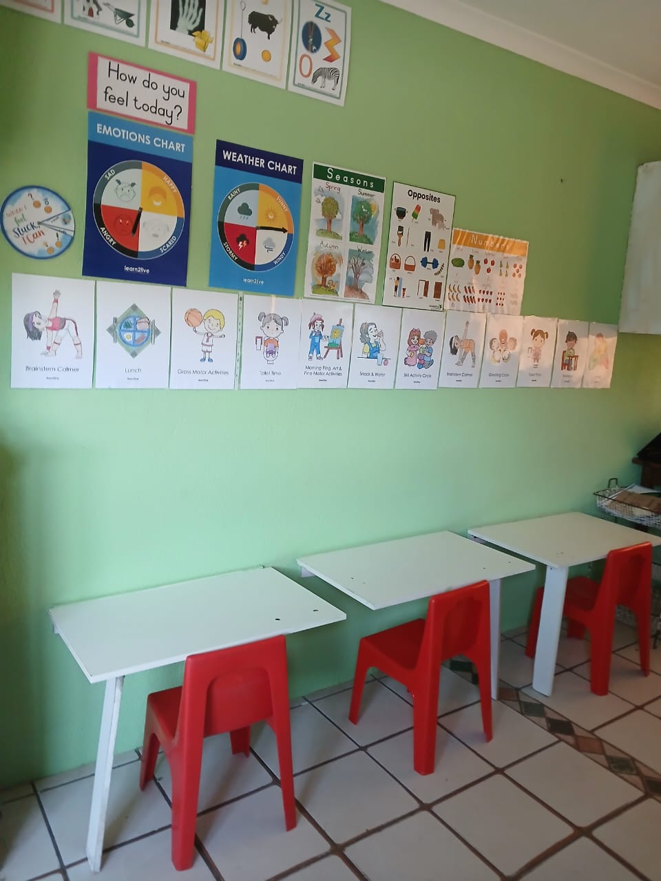 Bright green classroom with white tables, red chairs, and educational wall charts including emotions and weather displays