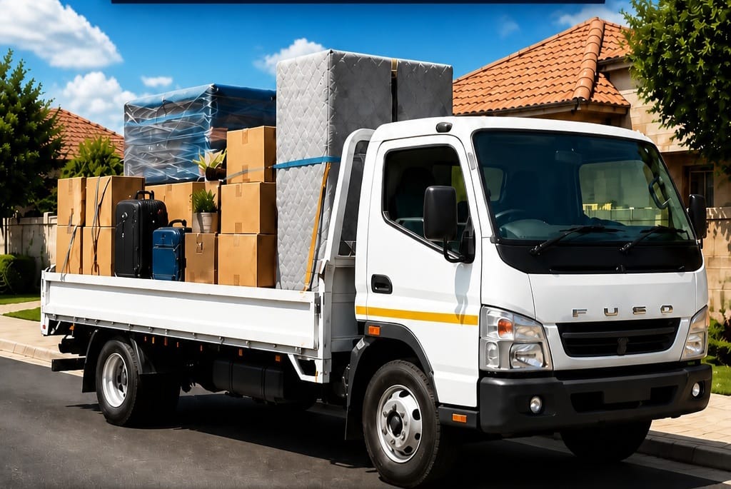White Fuso delivery truck loaded with cardboard boxes, furniture, and household items parked in front of a residential house with terracotta tile roofing