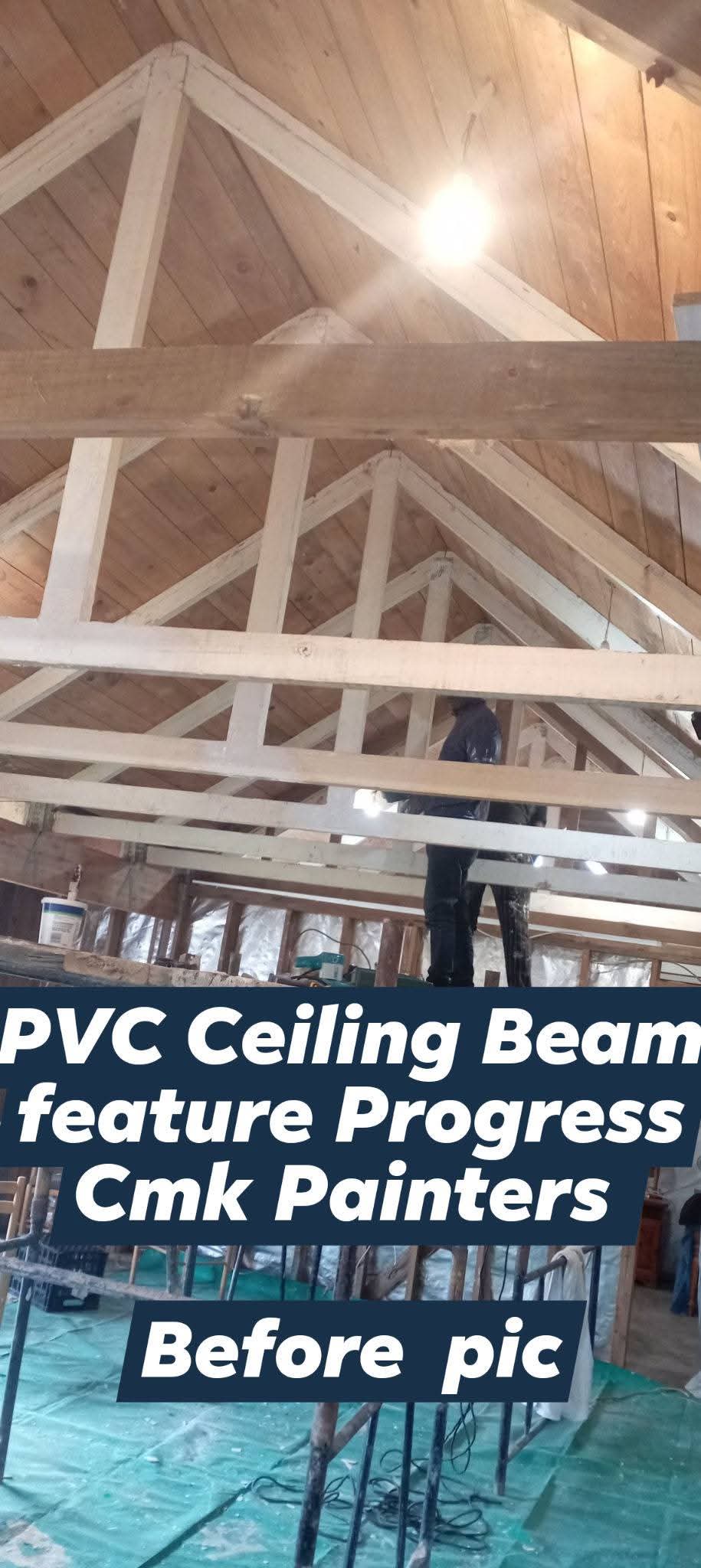 Interior framing with exposed wooden ceiling beams and work light