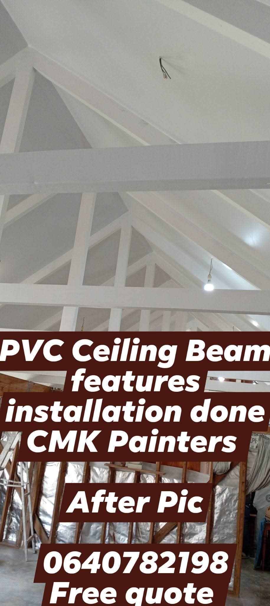 Newly installed white PVC ceiling beam with decorative cross-pattern and pendant lights