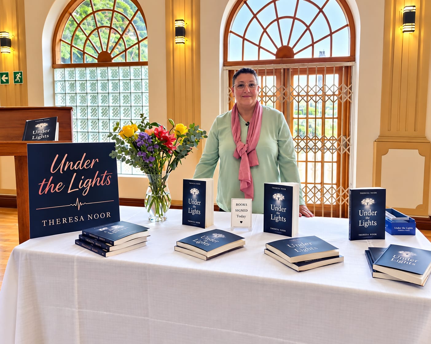 Author at a book signing table for Under the Lights by Theresa Noor, with multiple copies displayed on a white-clothed table alongside colorful flowers in an elegant venue with arched windows.