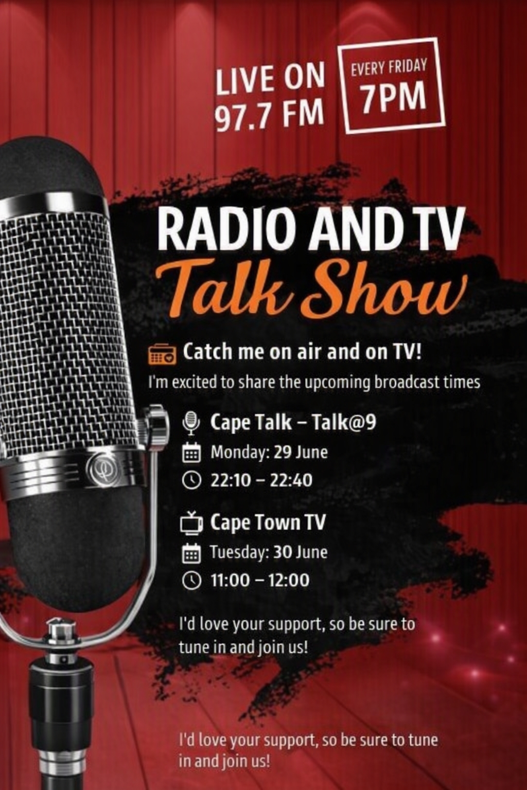 Radio and TV Talk Show poster airing on 97.7 FM every Friday at 7PM, with broadcast schedules on Cape Talk and Cape Town TV, featuring a vintage microphone against a red curtain background.