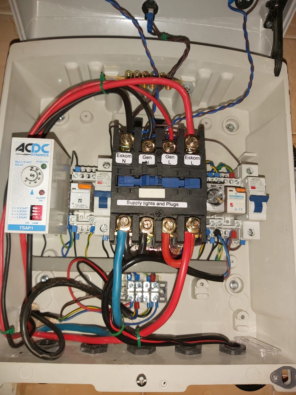 Electrical distribution board with circuit breakers and wiring