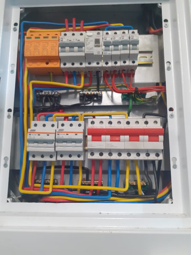 DIN rail distribution panel with circuit breakers and surge protectors