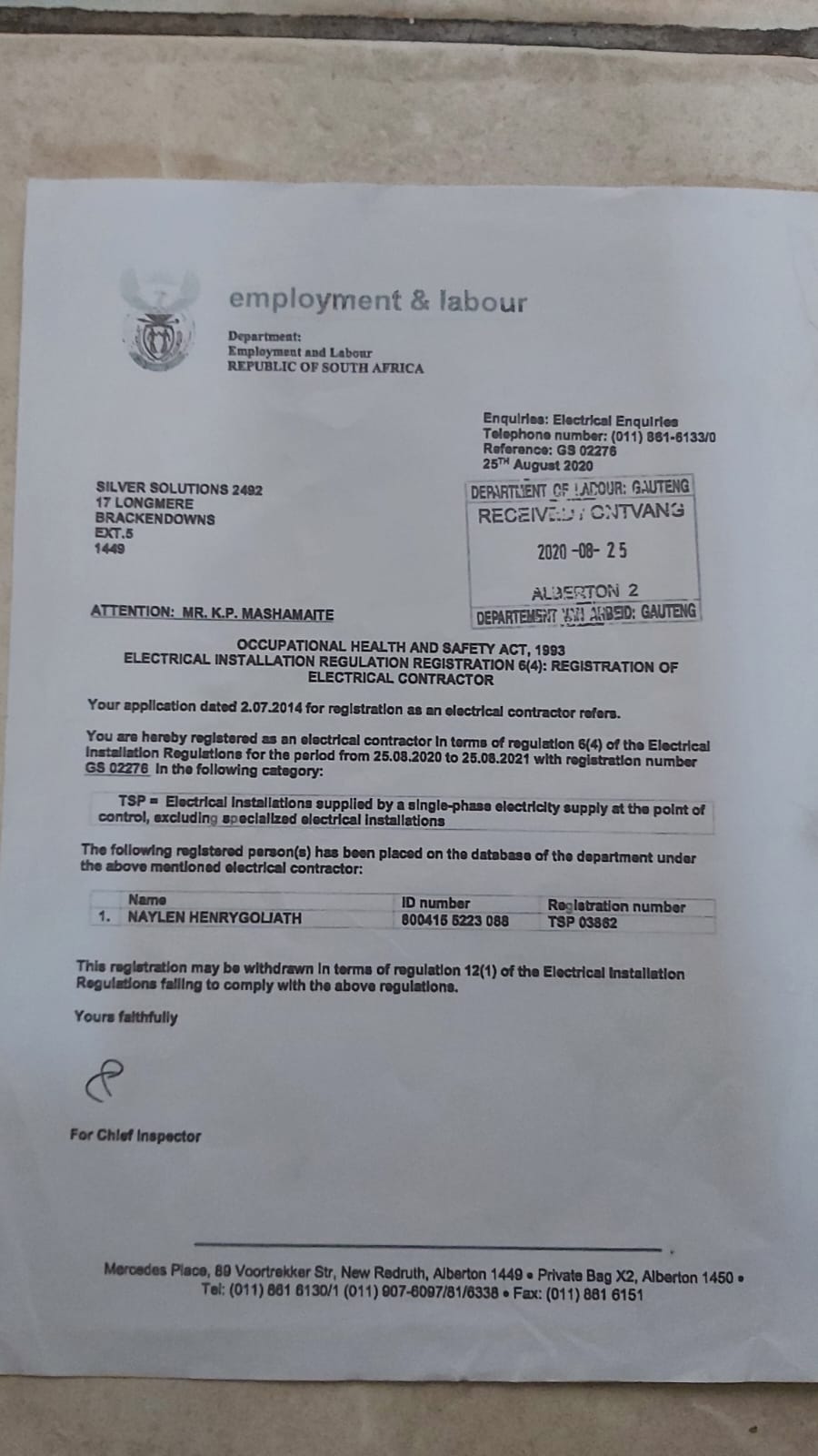 Official registration certificate from the South African Department of Employment and Labour certifying Silver Solutions as a registered electrical contractor