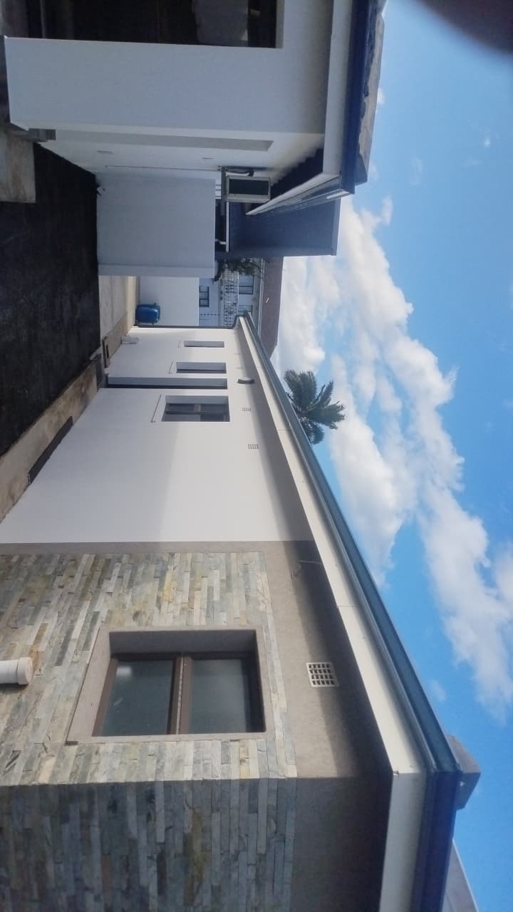 Modern white residential building with flat roof and palm tree