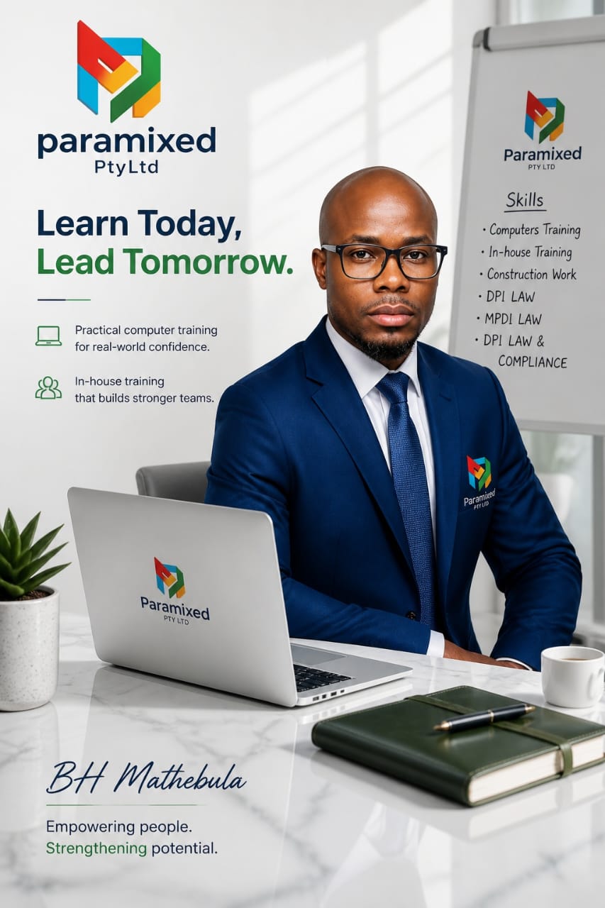 Paramixed Pty Ltd promotional director image showing a businessman in a suit working at a desk with a laptop, including the tagline Learn Today, Lead Tomorrow and training services