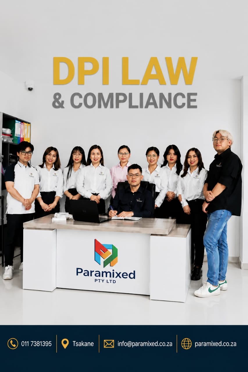 Professional team of Paramixed Pty Ltd staff posing together at the reception desk under the DPI LAW & Compliance sign with contact information displayed at the bottom