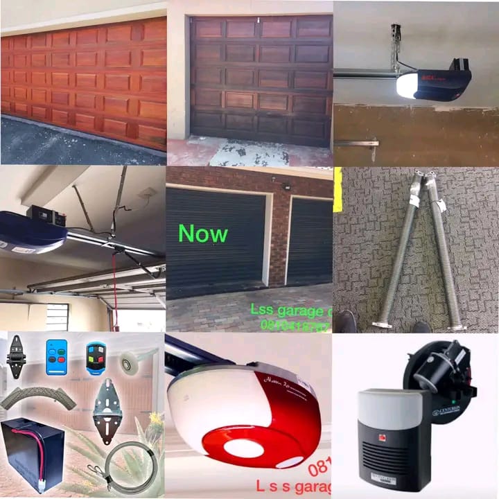 Collage showing various garage door styles, openers, remotes, springs, and hardware components
