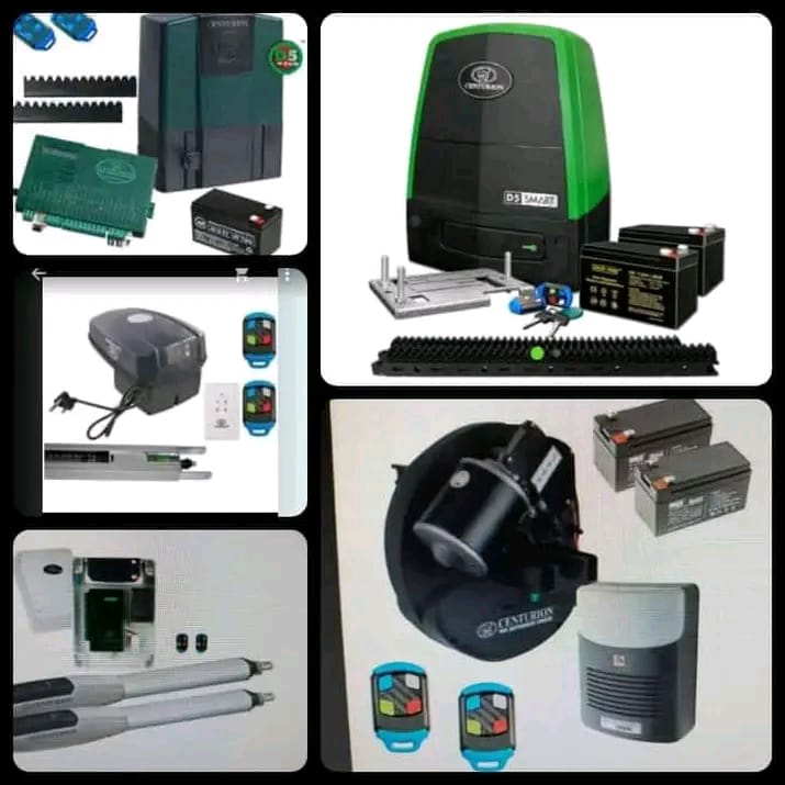 Collection of automatic gate opener system components including control units, motors, batteries, and remote controls