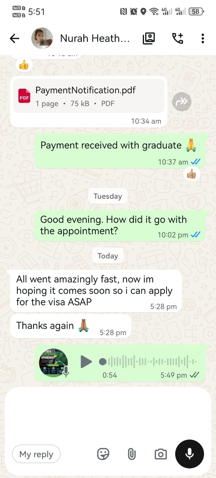 WhatsApp conversation with Nurah Heather Jacobs discussing a payment notification, graduation, visa application process, and a voice message