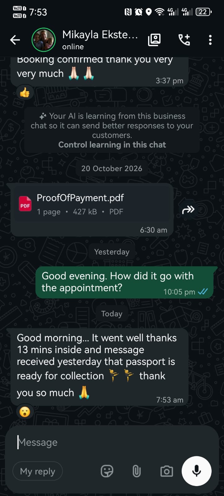 WhatsApp conversation showing booking confirmation and passport collection message from Mikayla Eksteen, with proof of payment PDF attached
