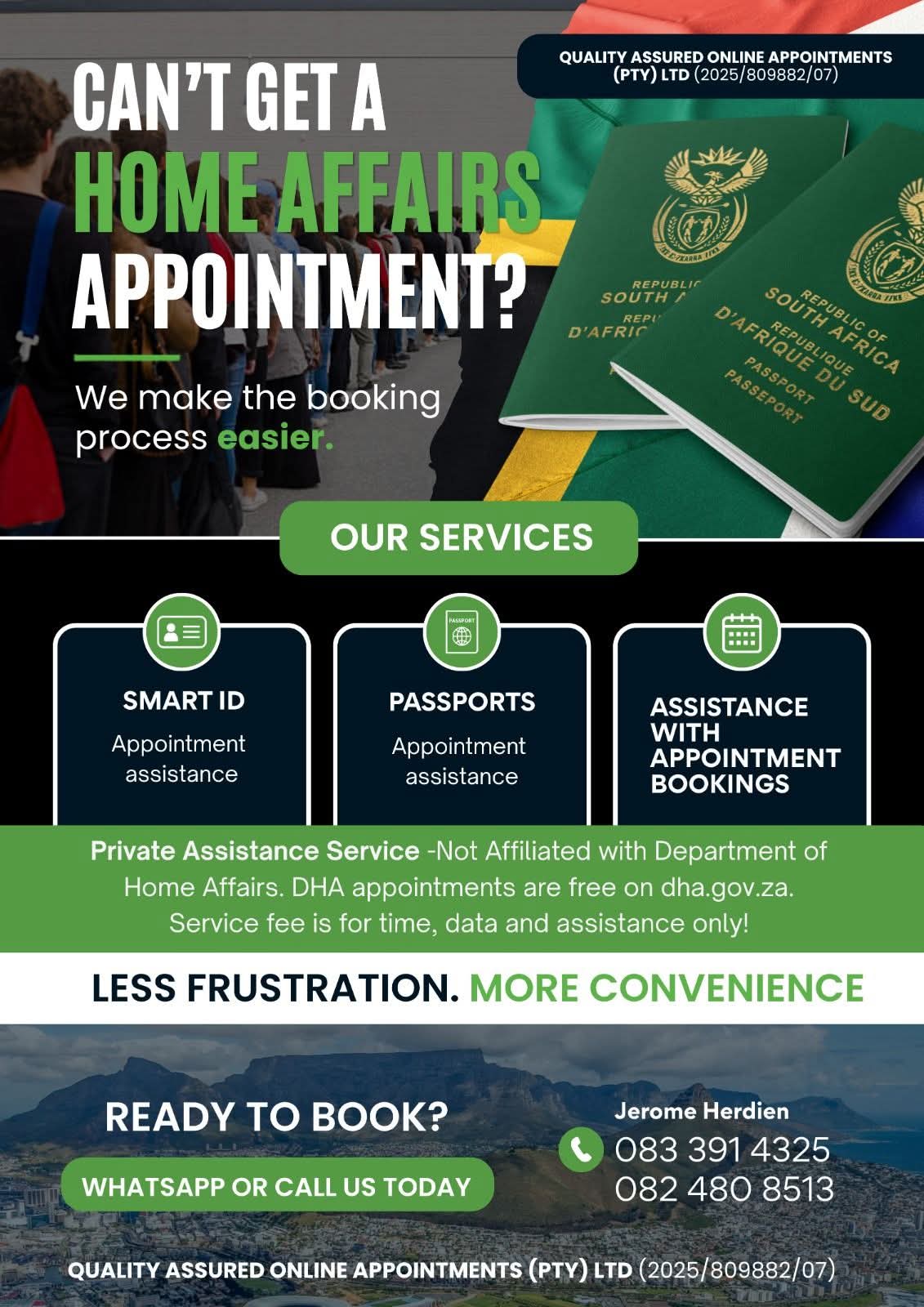 Quality Assured Online Appointments promotional flyer detailing Smart ID and Passport booking services