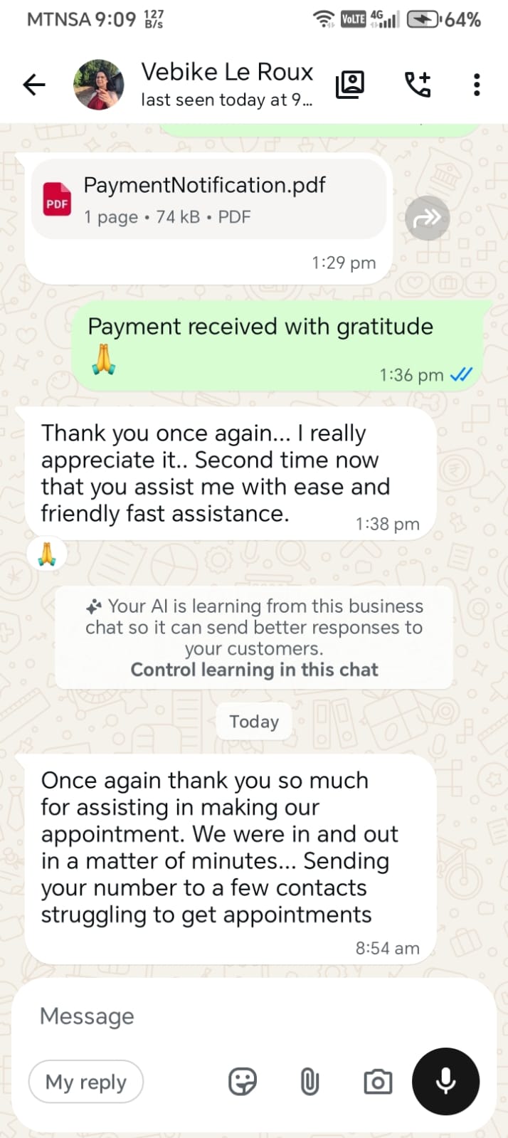 WhatsApp conversation with Vebike Le Roux thanking for quick and friendly help with appointment scheduling at Tygervalley Home Affairs