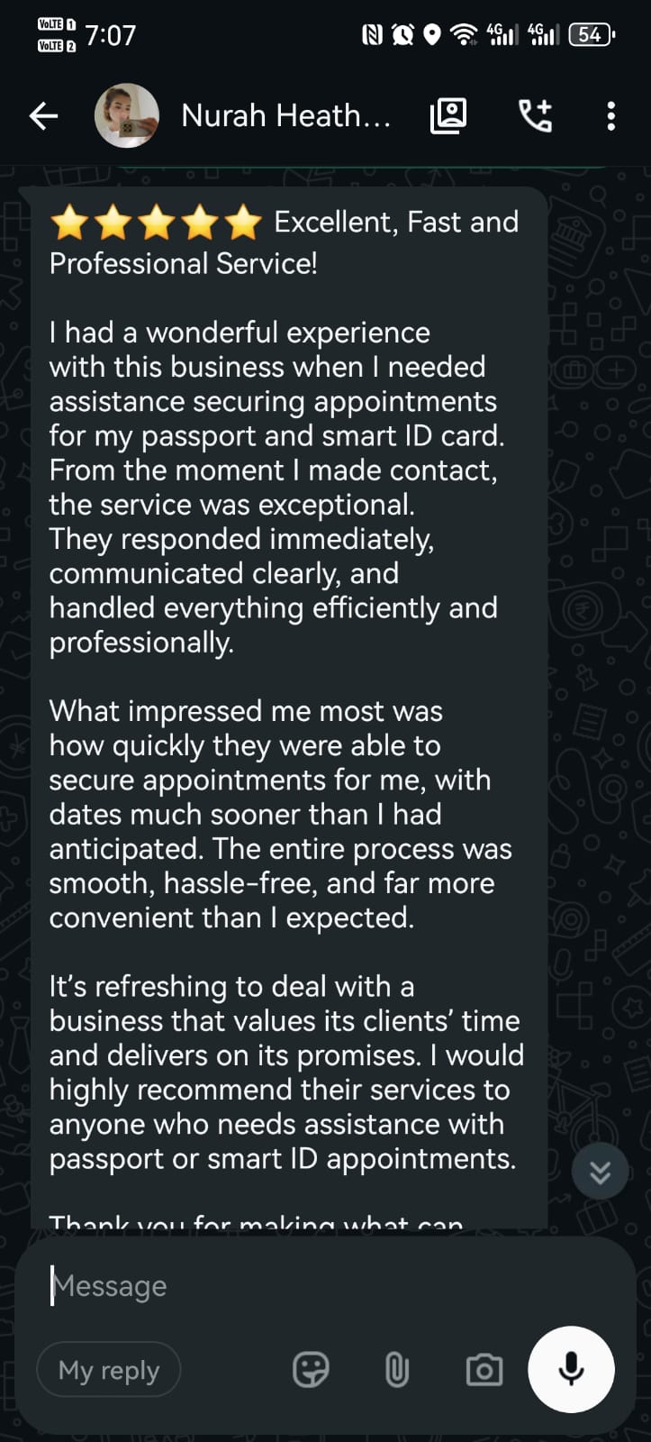 Five-star customer review from Nurah Heather Jacobs praising excellent, fast, and professional service for passport and smart ID card appointments