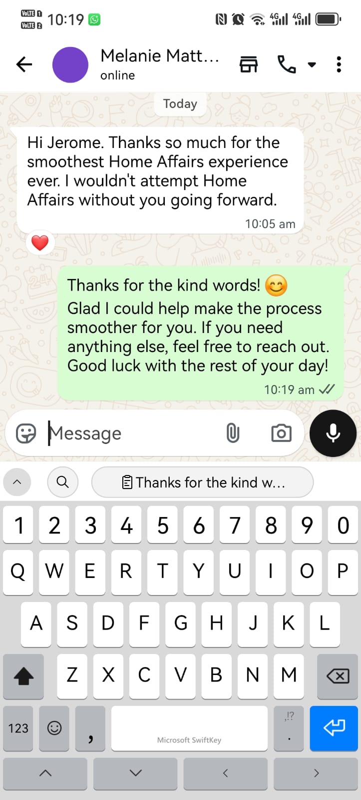 WhatsApp conversation with Melanie Matt sharing a positive review about the smooth Home Affairs experience