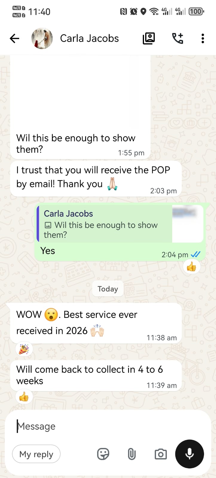 WhatsApp conversation with Carla Jacobs expressing her wow at the best service ever received in 2026