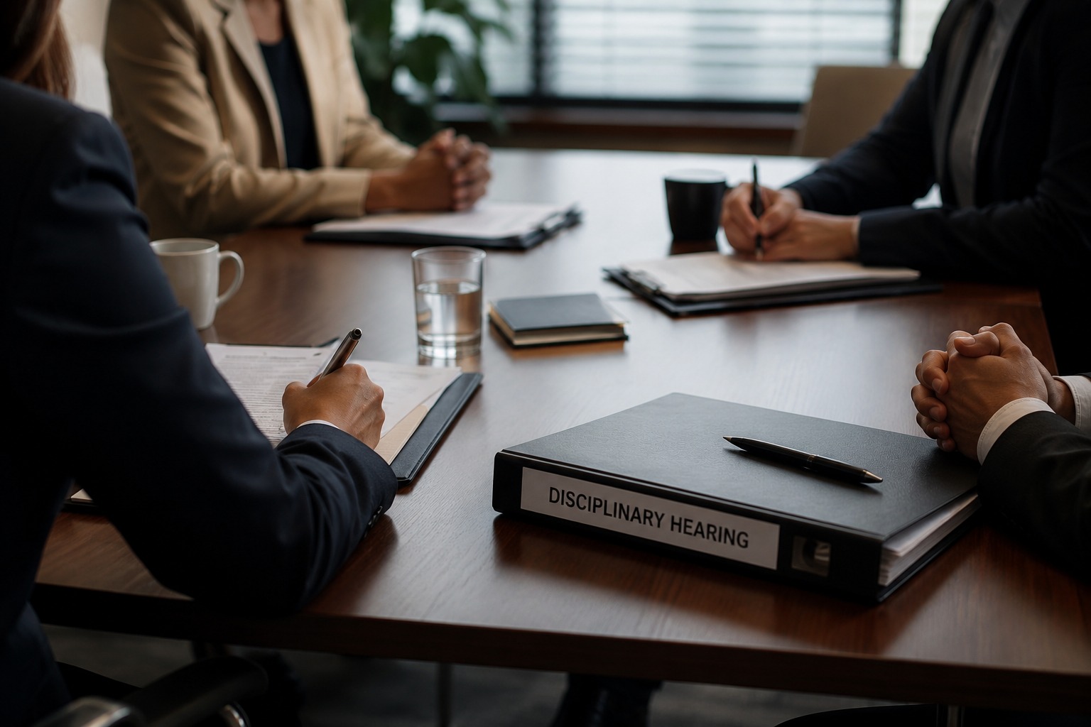 Three business professionals seated at a conference table during a disciplinary hearing with documents and writing materials