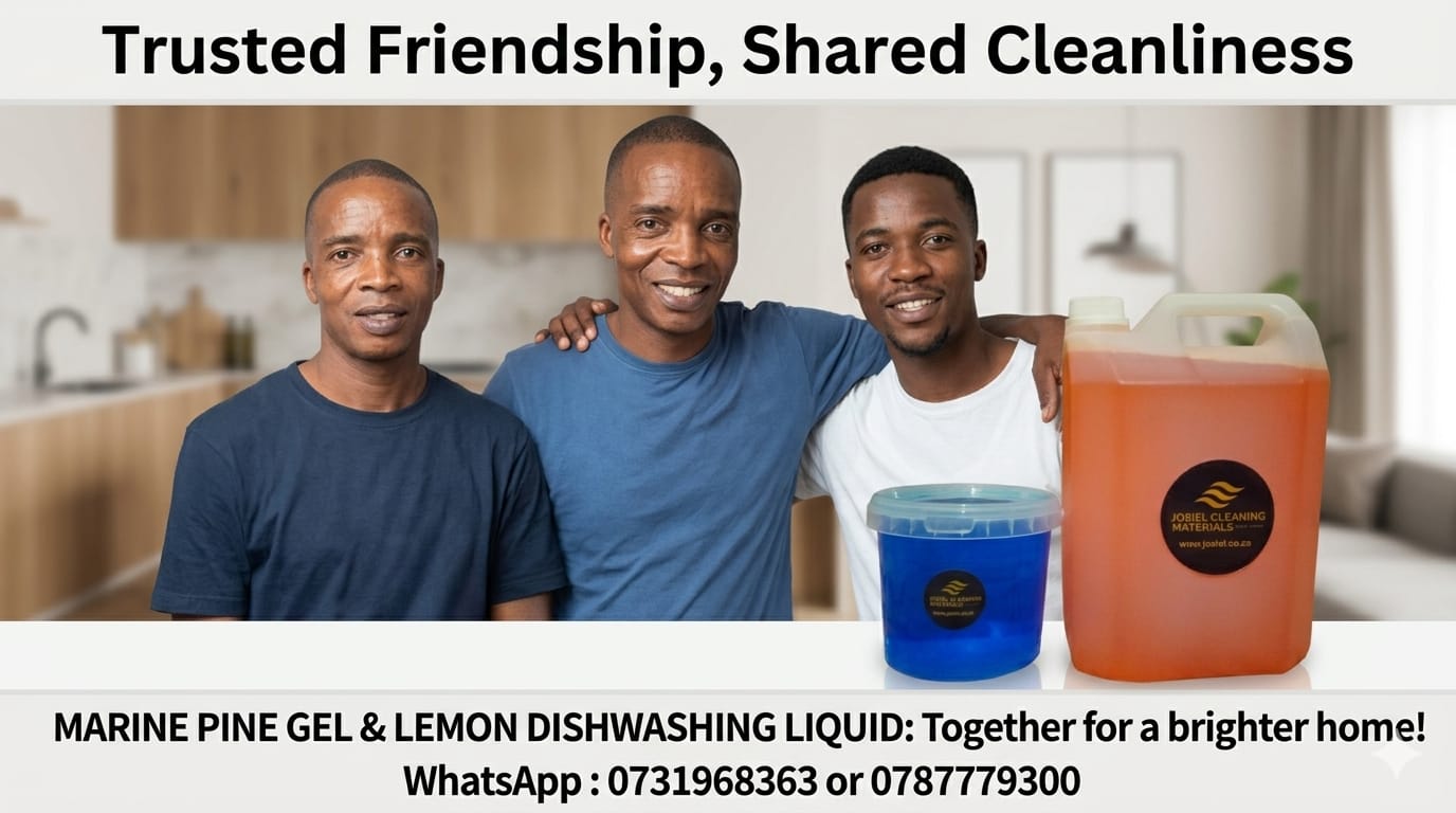 Three team members with Marine Pine Gel and dishwashing liquid