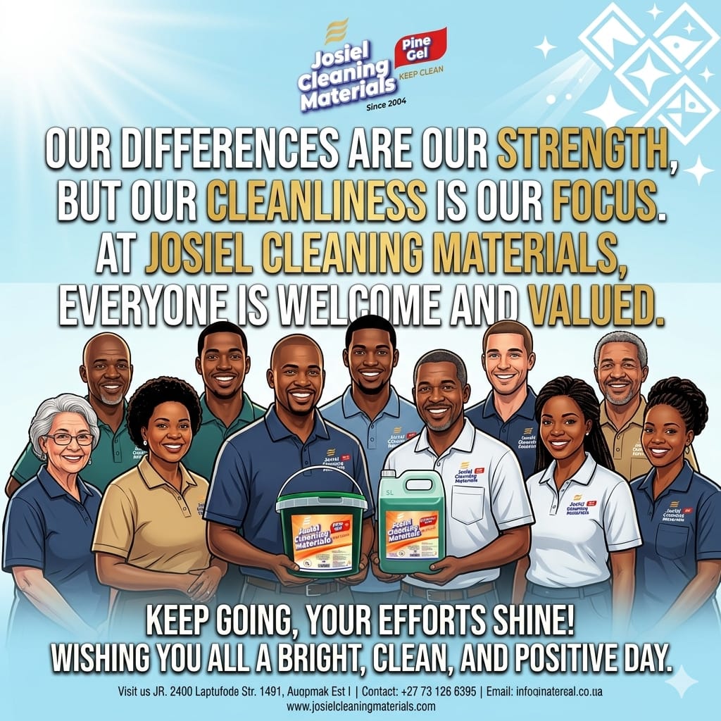 Diverse team of smiling employees with cleaning products
