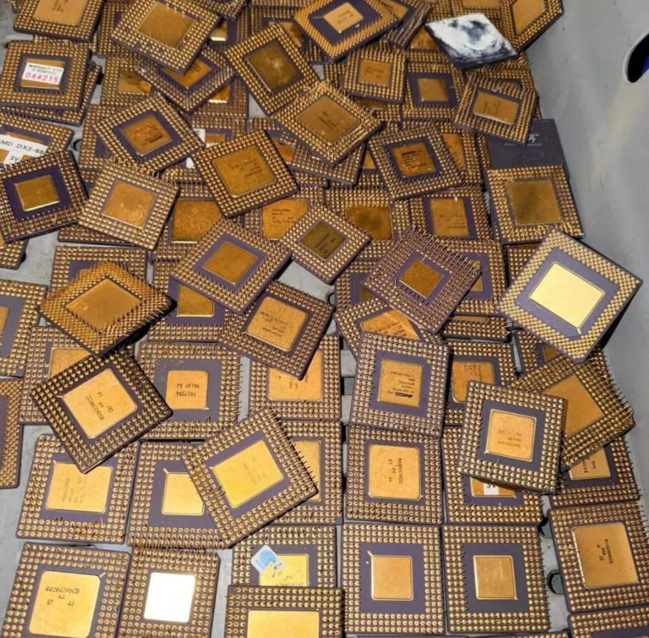 Vintage CPU processors with gold pins for e-waste recycling