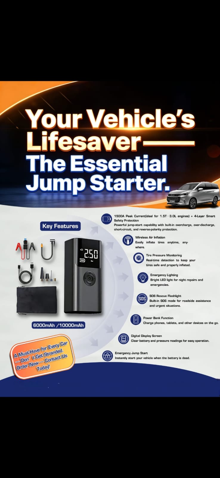 6000mAh jump starter promotional infographic showing key features