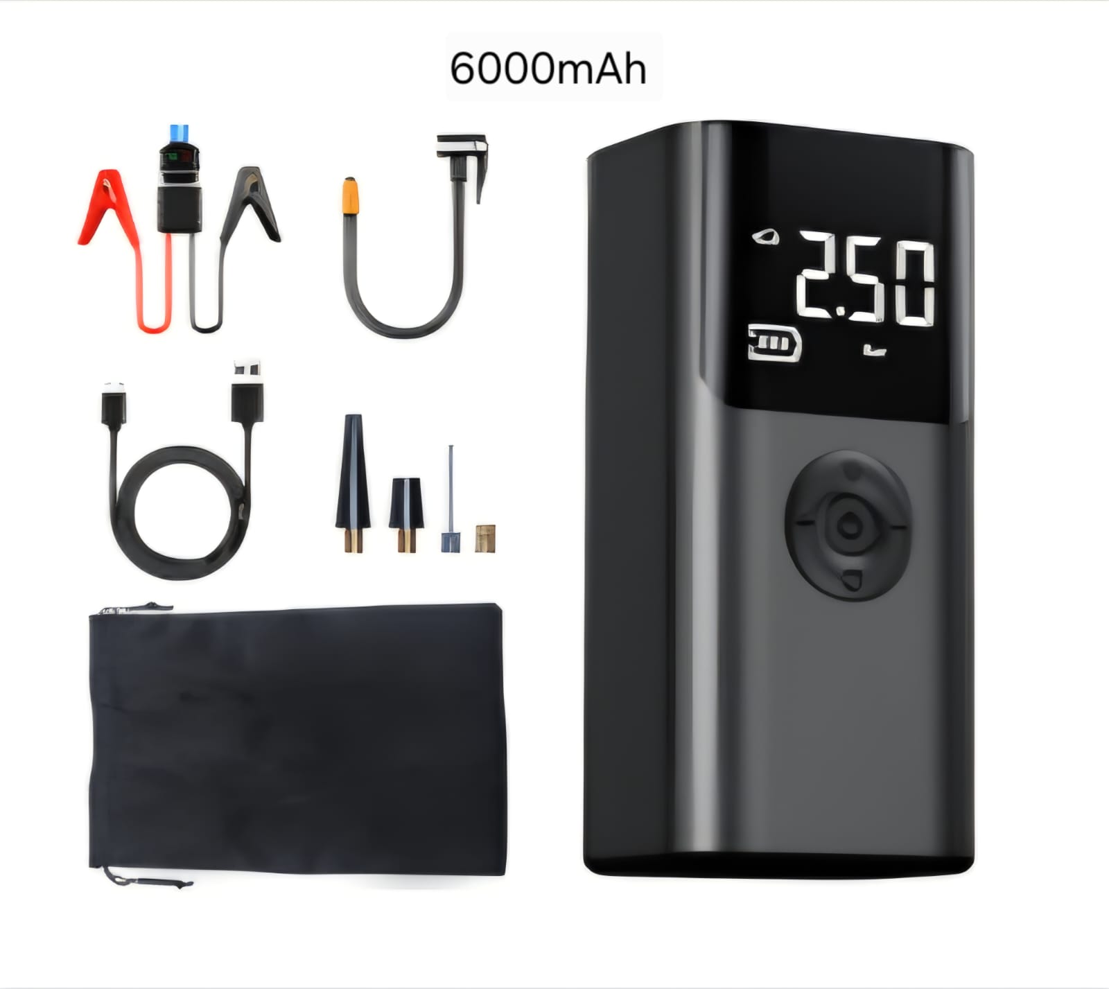 6000mAh jump starter accessories kit with cables, clamps, and carrying pouch