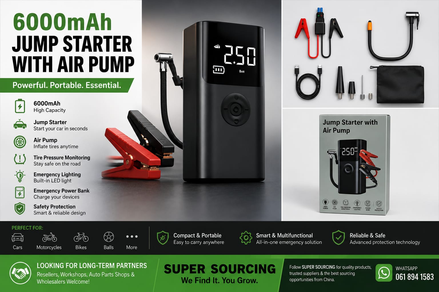 6000mAh jump starter with built-in air pump and accessories